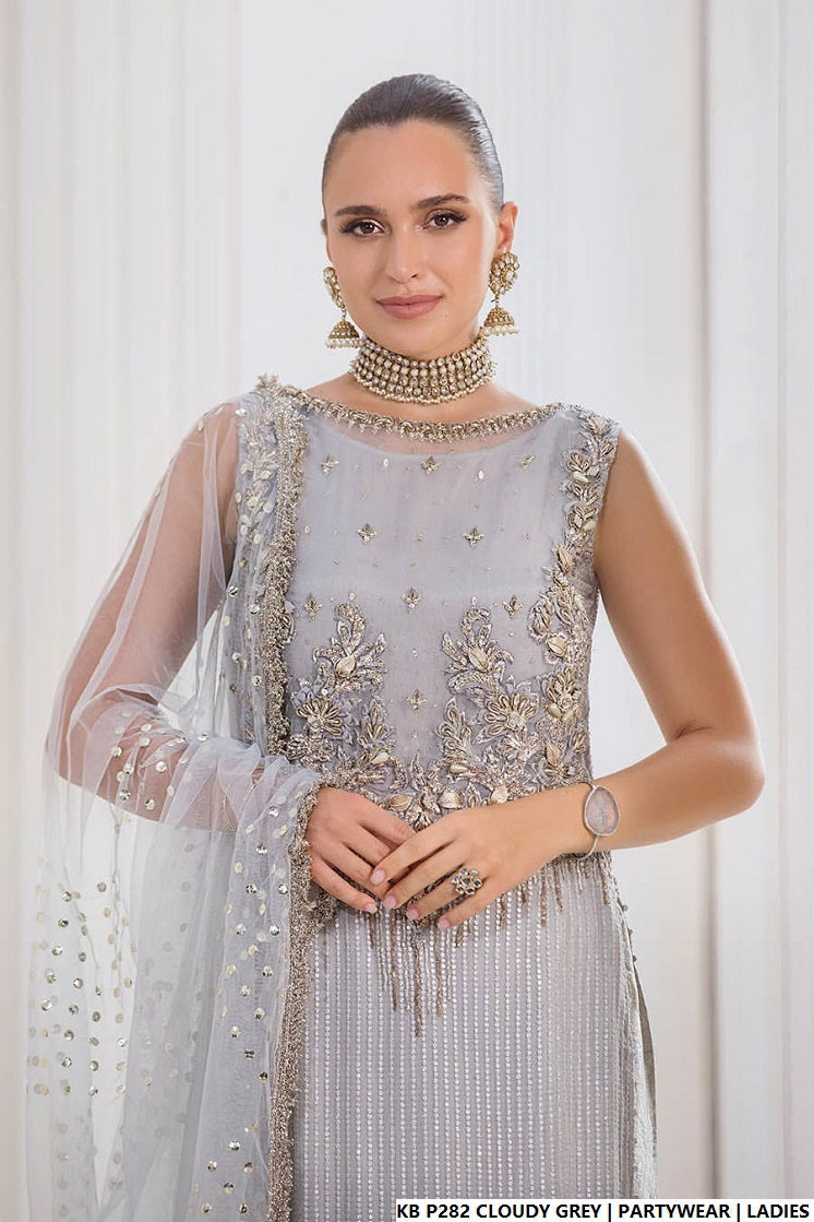 Pakistani women's cloudy grey hand embroidered luxury suit detail view