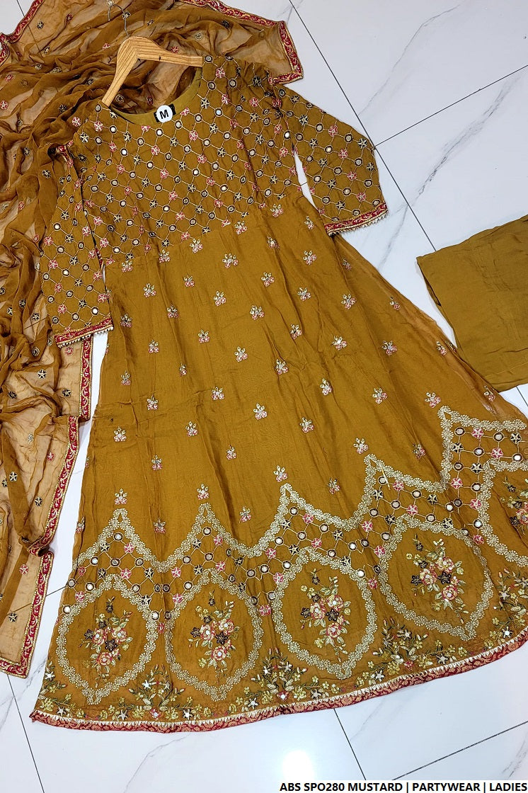 Mustard yellow chiffon Pakistani women's straight shirt with plazo side view