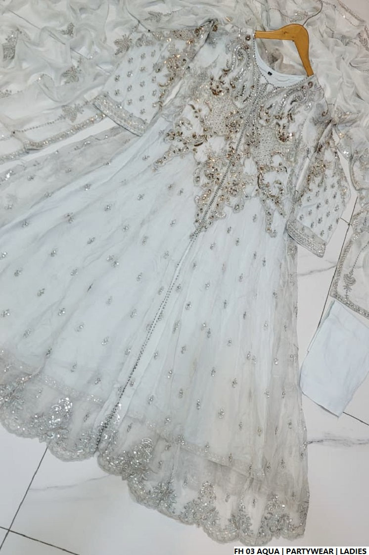 Pakistani women's aqua organza open shirt detail view