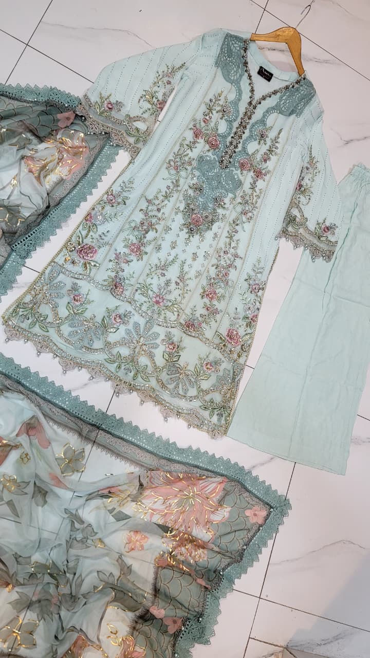 Pakistani women's icy blue chiffon A-Line shirt full view