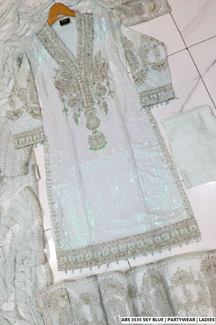 Pakistani women's sky blue organza straight shirt full view