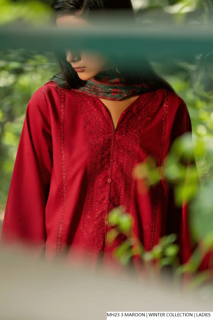 Pakistani women's maroon khaddar straight shirt full view