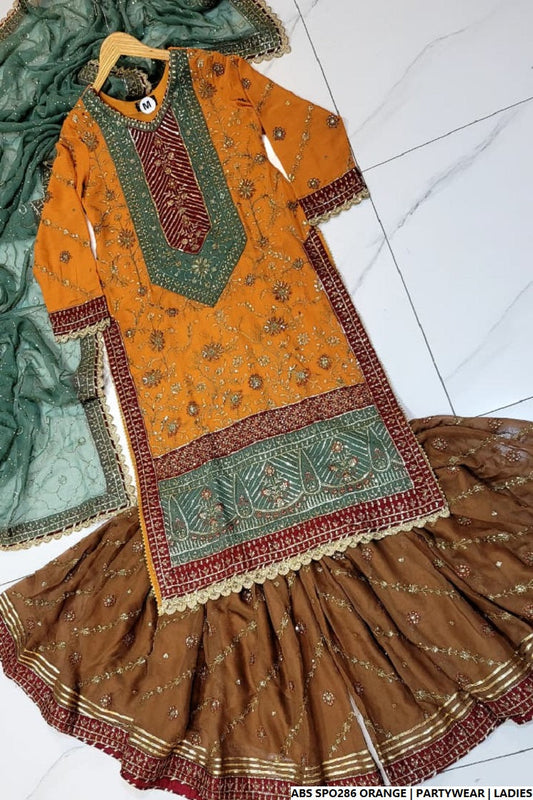 Orange chiffon Pakistani women's straight shirt with plazo side view