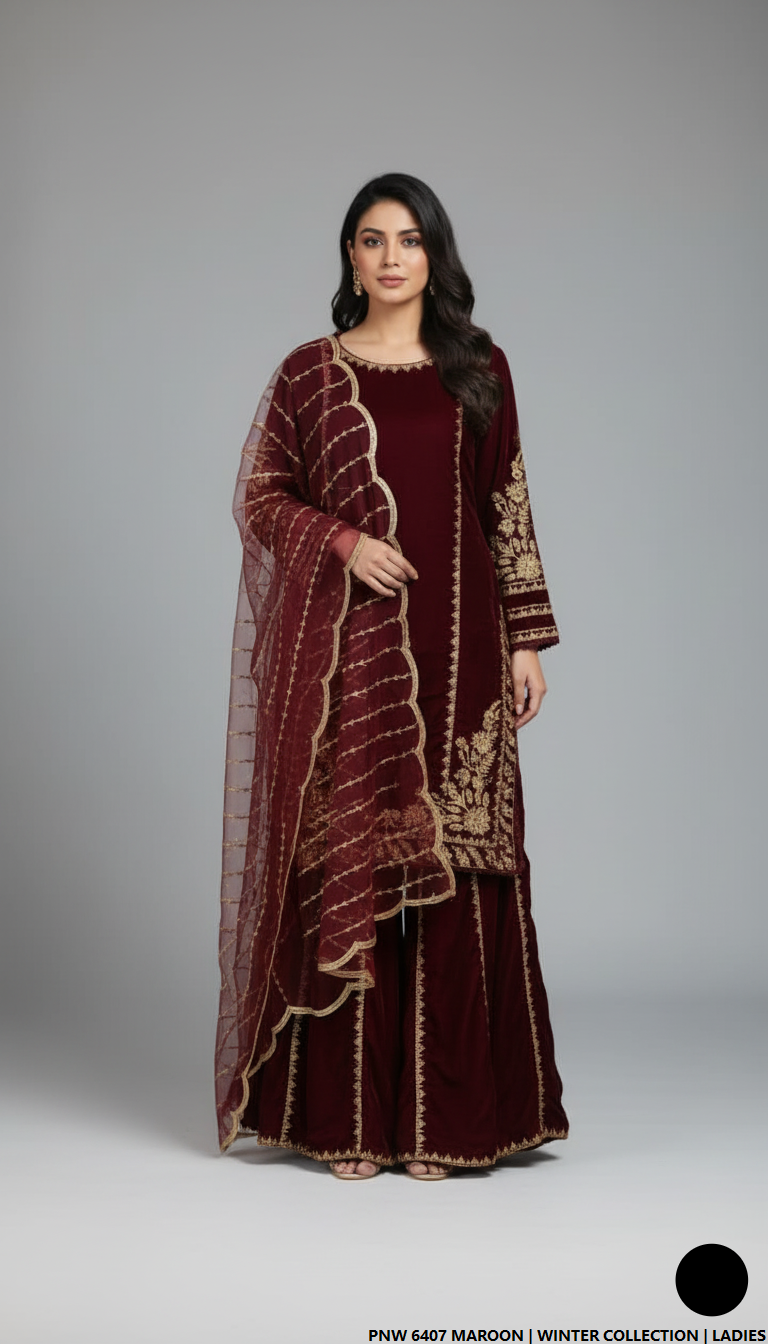 Velvet straight shirt maroon - Pakistani women's winter formal wear with velvet trouser and palachi shawl front view
