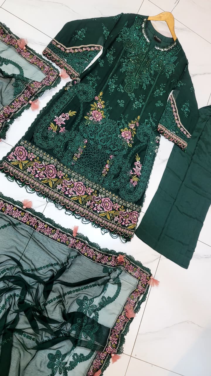 Pakistani women's bottle green organza A-Line shirt back view