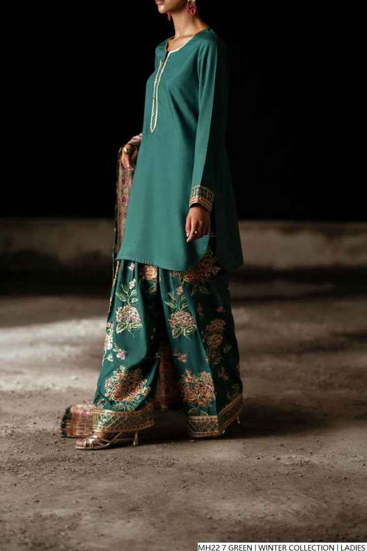 Pakistani women's green khaddar straight winter shirt back view