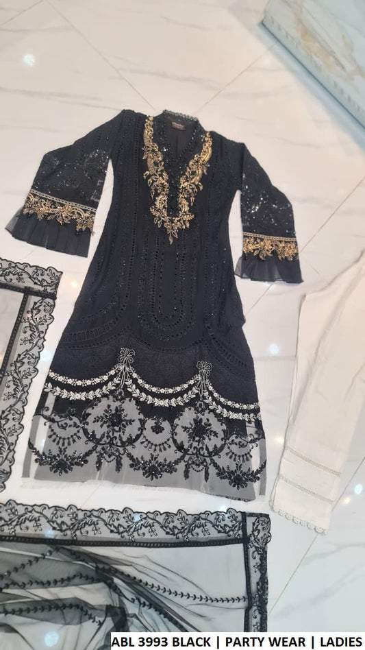 Black chiffon Pakistani women's straight shirt with viscose trouser back view