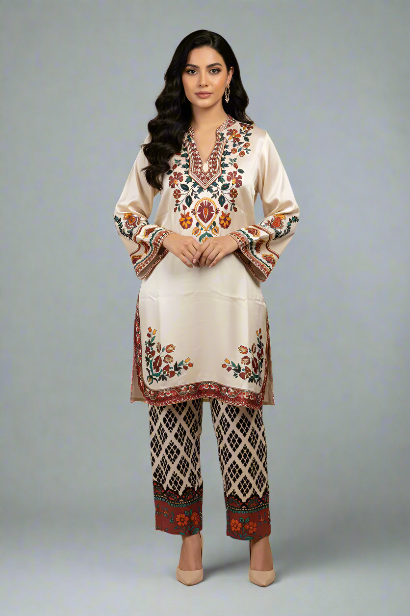 Lawn 2-piece printed - Pakistani women's casual summer outfit with cotton trouser and lawn dupatta front view