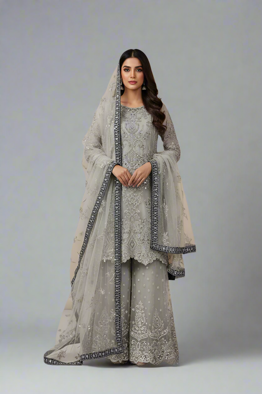 Silk short shirt grey - Pakistani women's traditional formal outfit front view
