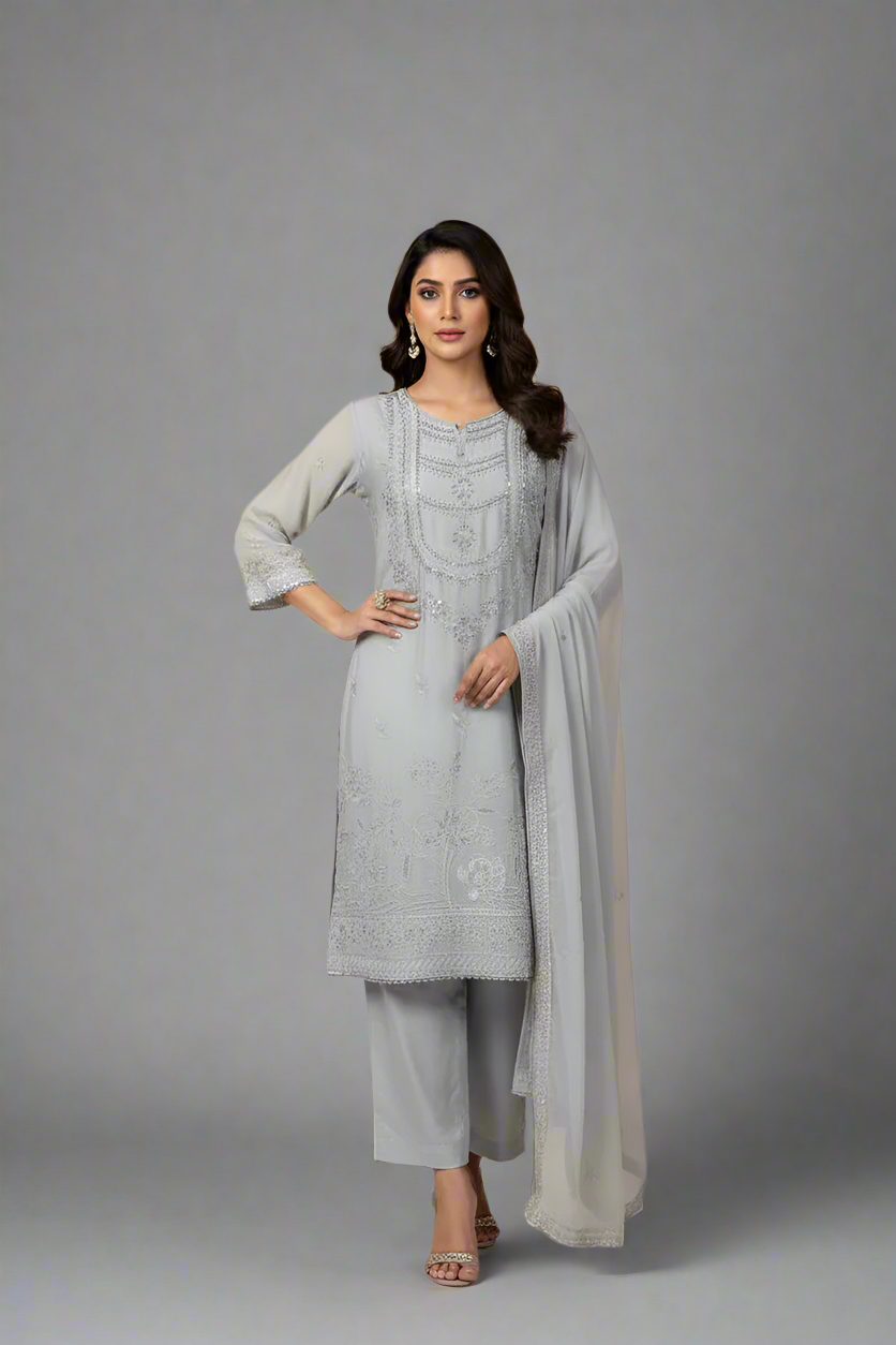 Silk straight shirt grey - Pakistani women's formal party wear with silk trouser and chiffon dupatta front view