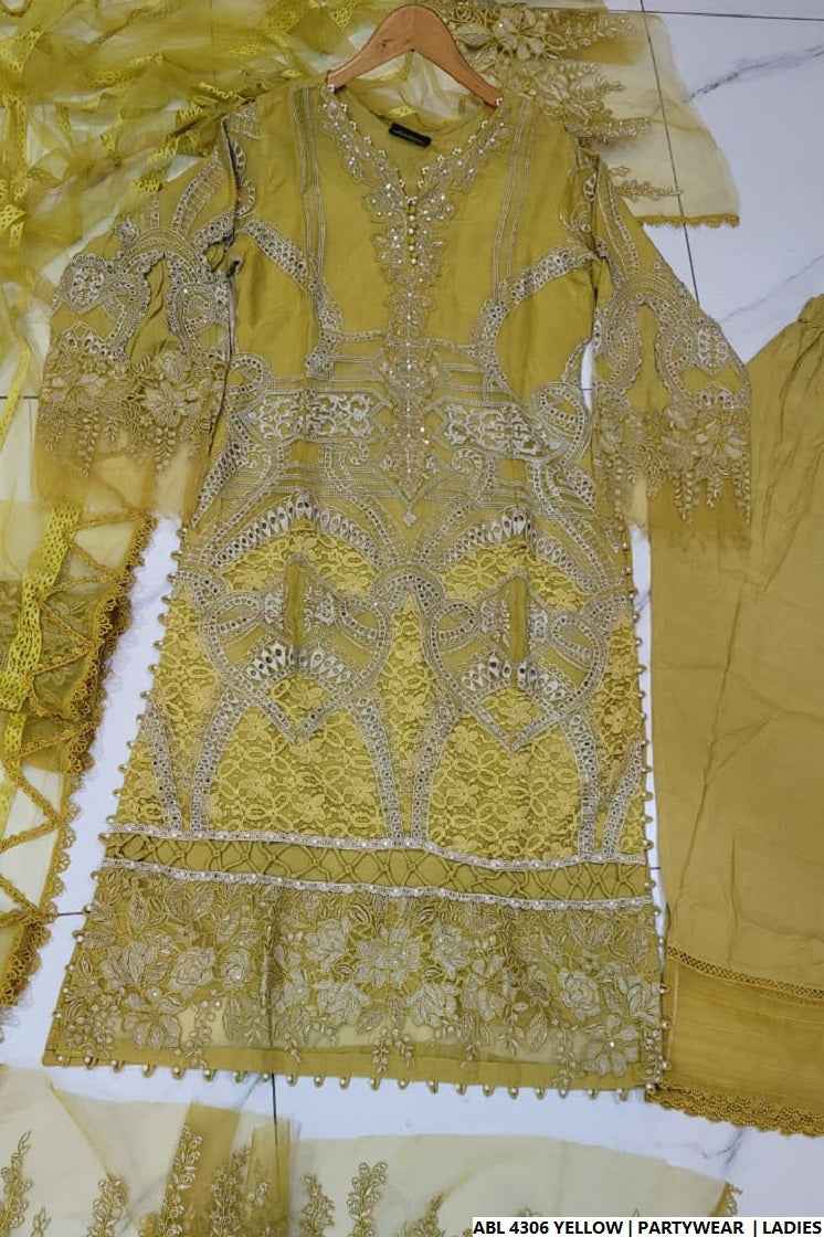 Pakistani women's yellow organza A-Line shirt full view