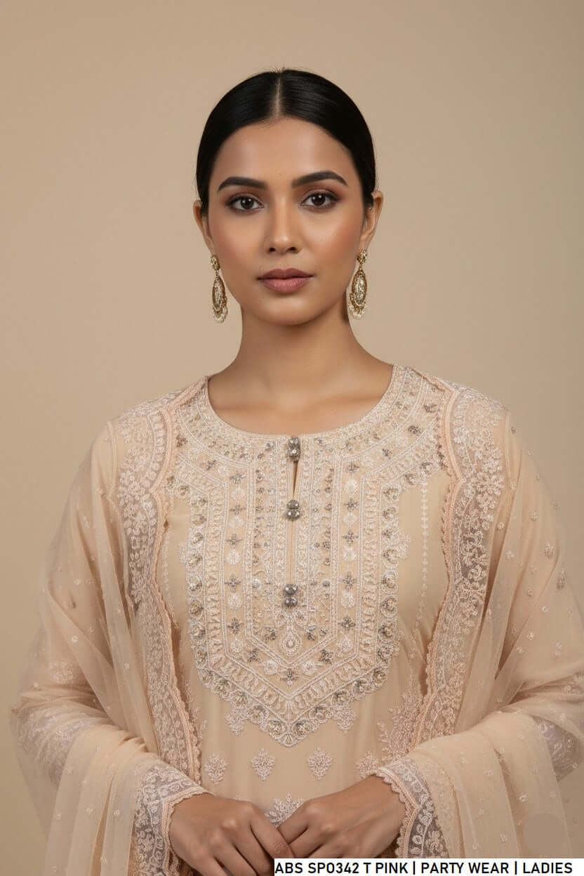 Tea pink chiffon Pakistani women's shirt with garara side view