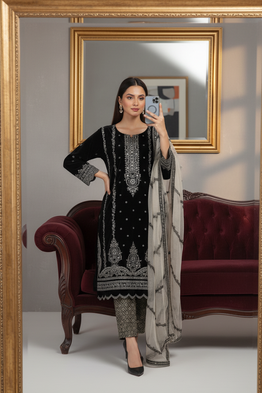 SG1470 10 Velvet Pakistani women's straight shirt with net dupatta side view