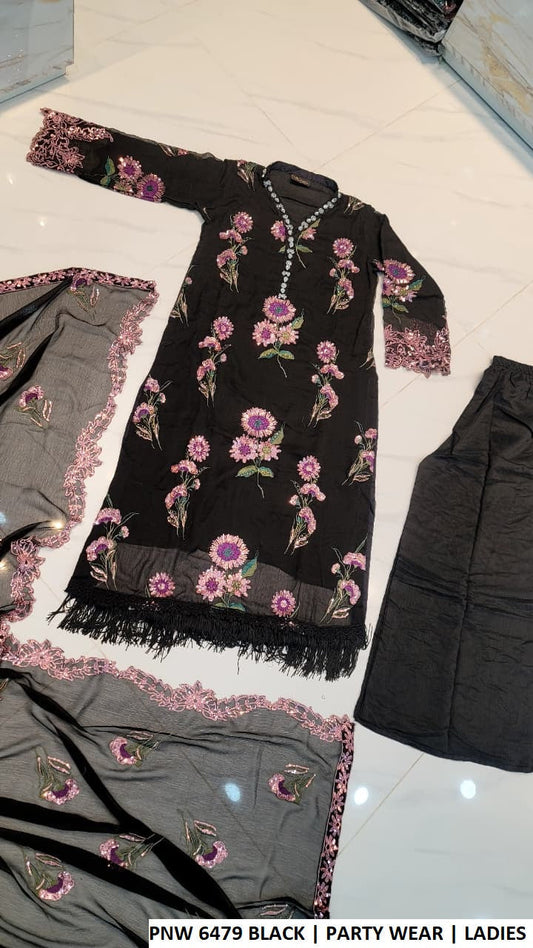 PNW 6479 BLACK - Black Chiffon Plazo 3-Piece Women's Pakistani Suit