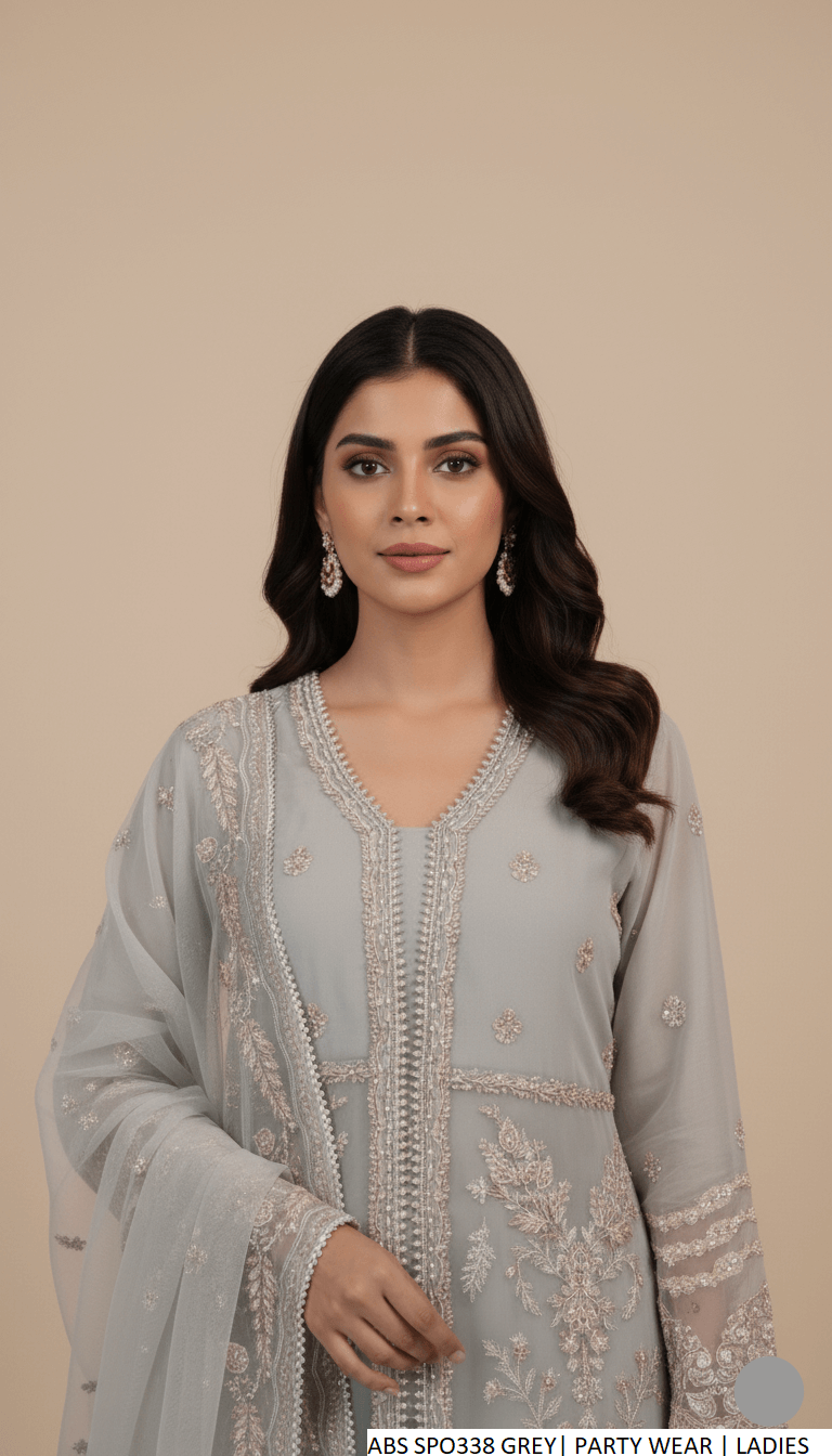 Grey organza Pakistani women's open shirt with plazo side view