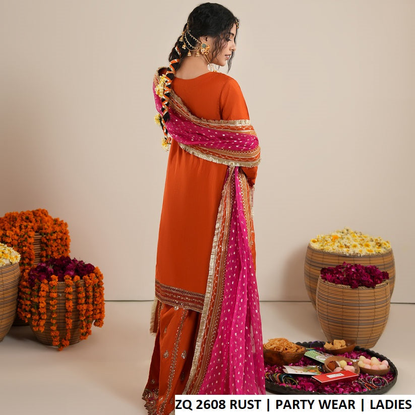 ZQ 2608 RUST - Rust Raw Silk Straight 3-Piece Women's Pakistani Suit