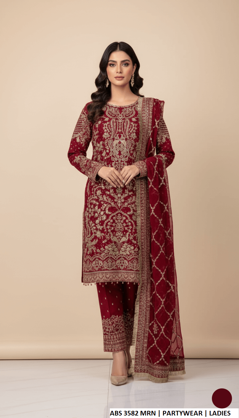 Chiffon straight shirt shalwar maroon - Pakistani women's formal party wear with viscose shalwar and chiffon dupatta front view