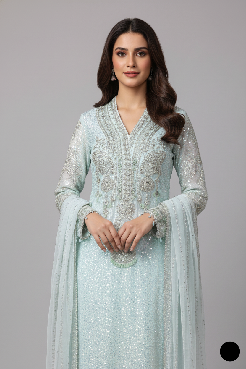 Sky blue organza Pakistani women's straight shirt side view