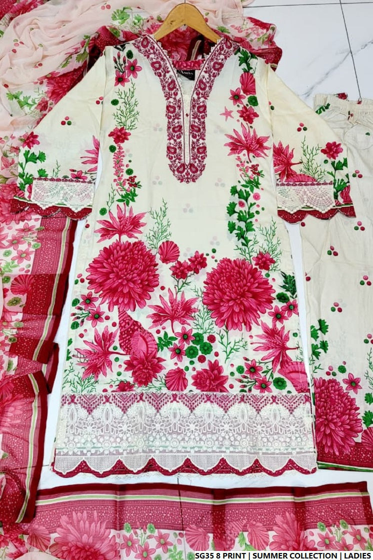 Lawn A-Line printed shirt - Pakistani women's casual summer outfit with cotton trouser and lawn dupatta front view