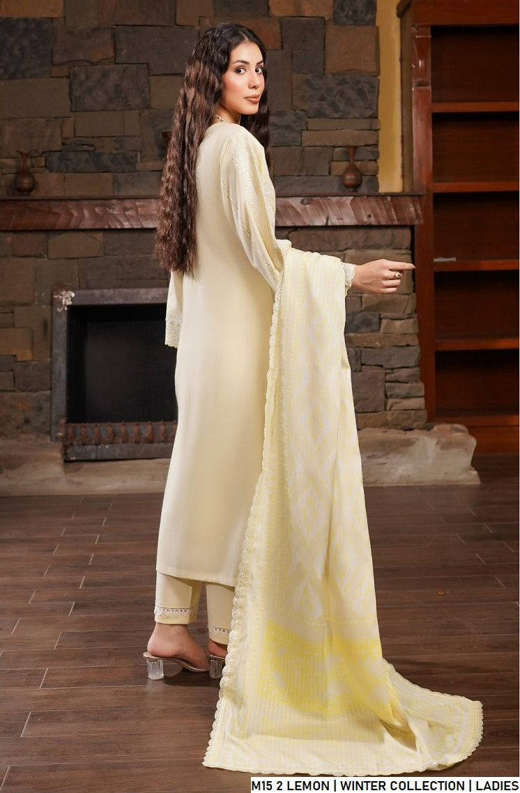 Pakistani women's lemon yellow lawn A-Line casual outfit back view