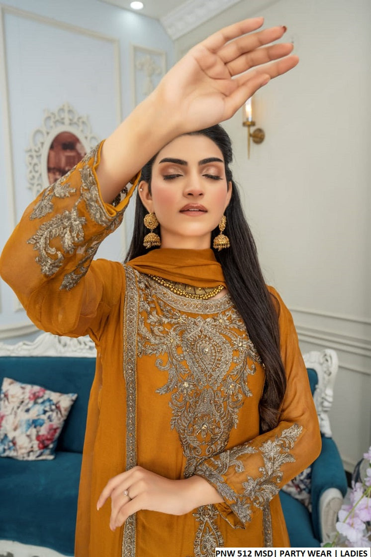 PNW 512 Pakistani women's chiffon gown with chiffon dupatta detail view