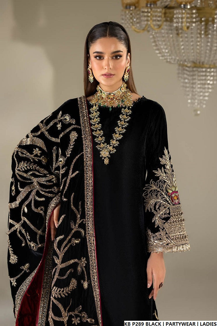 Pakistani women's black velvet hand embroidered luxury suit back view