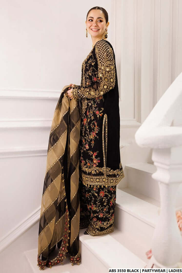 Pakistani women's black organza straight shirt detail view