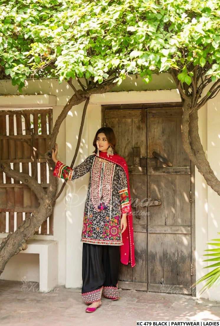 Pakistani women's black silk long kaftan full view