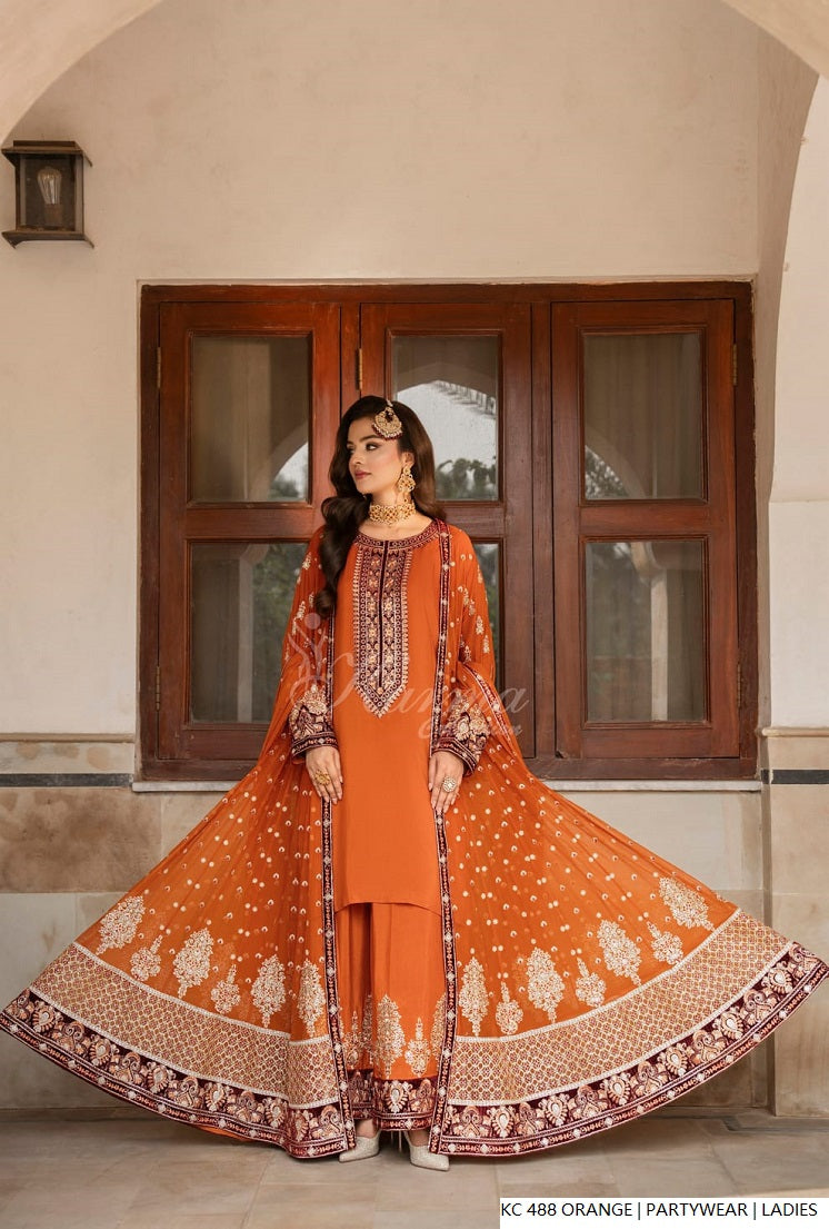 Pakistani women's orange silk long kaftan plazo full view