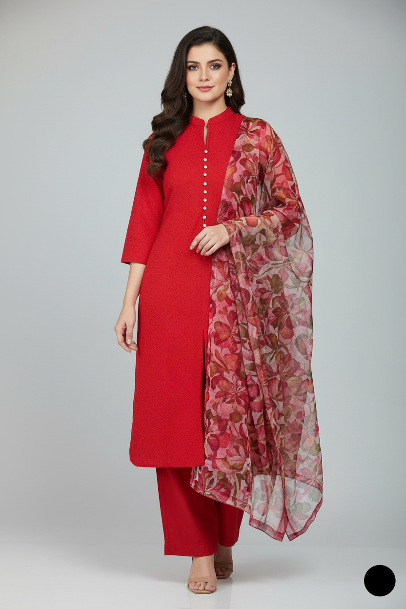Lawn A-Line shirt red - Pakistani women's casual summer outfit with cotton trouser and lawn dupatta front view
