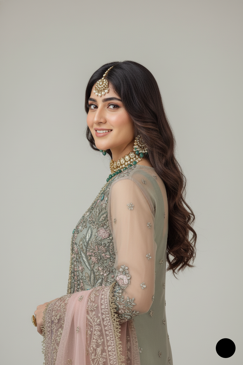 KB P245 PISTA Pakistani women's luxury resham bridal sharara back view