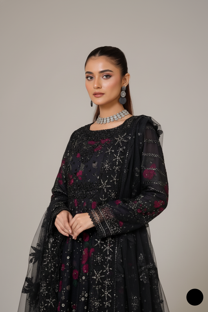 Black organza Pakistani women's straight shirt side view