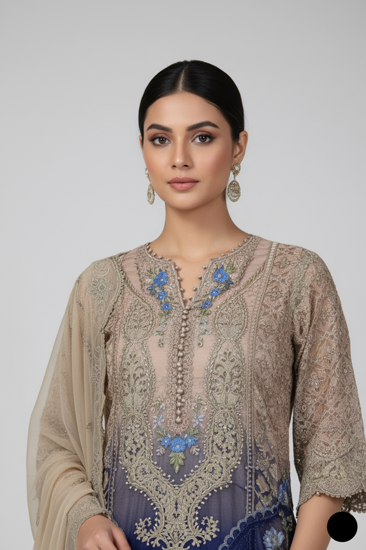 Navy blue organza Pakistani women's A-Line shirt side view