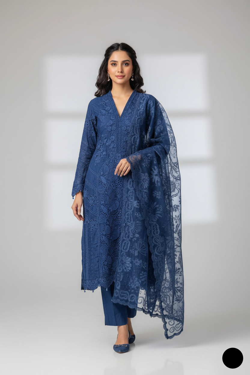 Organza A-Line shirt blue - Pakistani women's elegant formal wear with viscose trouser and organza dupatta front view