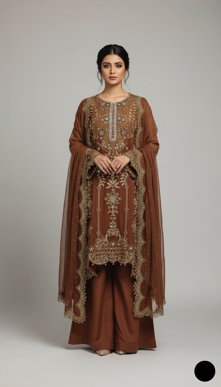 Organza straight shirt brown - Pakistani women's elegant formal wear with viscose trouser and organza dupatta front view