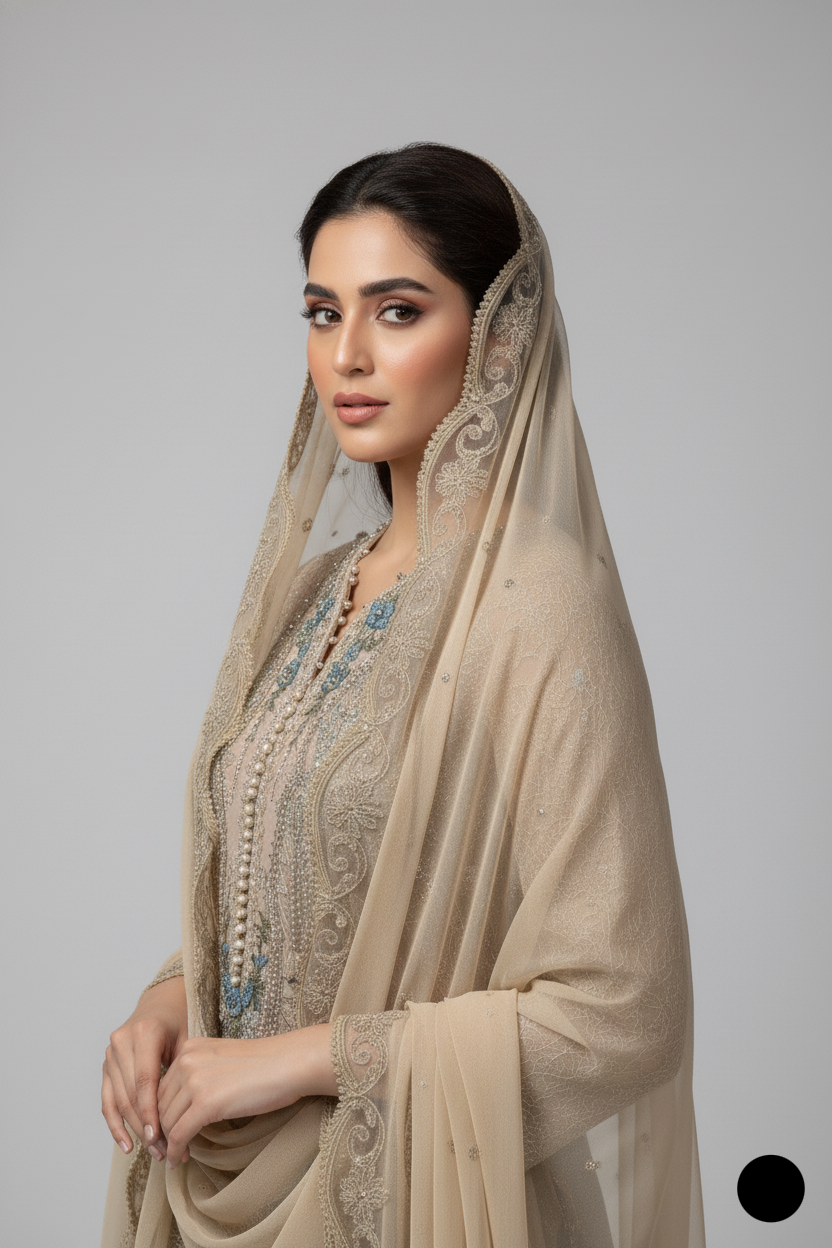 Pakistani women's skin organza A-Line shirt detail view