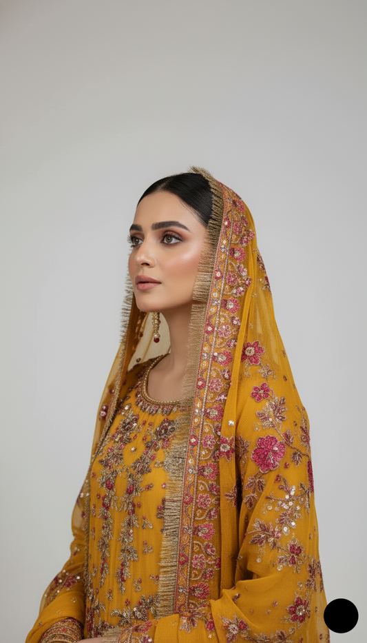 Mustard yellow organza Pakistani women's A-Line shirt side view