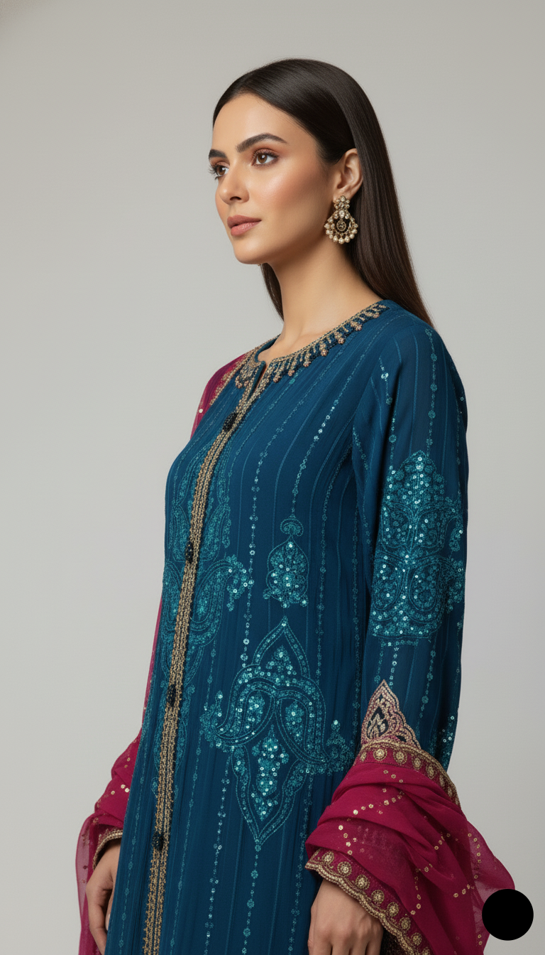 Pakistani women's teal green organza A-Line shirt detail view