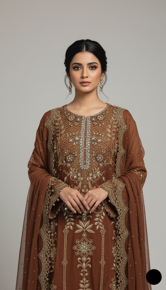 Brown organza Pakistani women's straight shirt side view