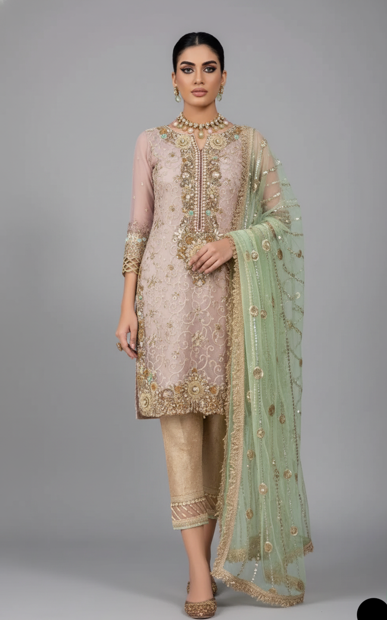 Pure resham mesuri embroidered shirt KB P221 - Pakistani women's luxury bridal wear with organza dupatta front view