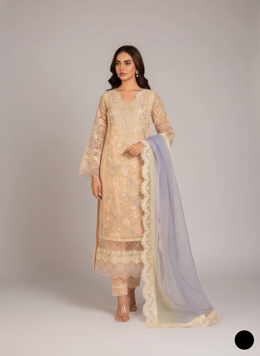 ABL 3985 Pakistani women's organza A-Line outfit full view