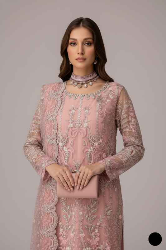 Tea pink chiffon Pakistani women's straight shirt side view