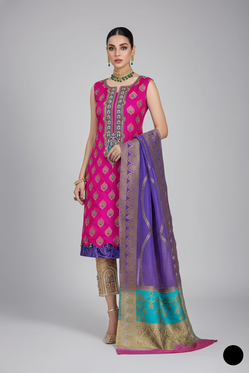 Pure silk jamawar hand embroidered shirt KB P248 - Pakistani women's luxury bridal wear front view