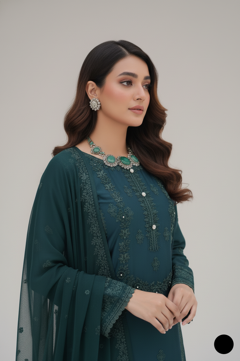 Pakistani women's bottle green silk straight shirt back view