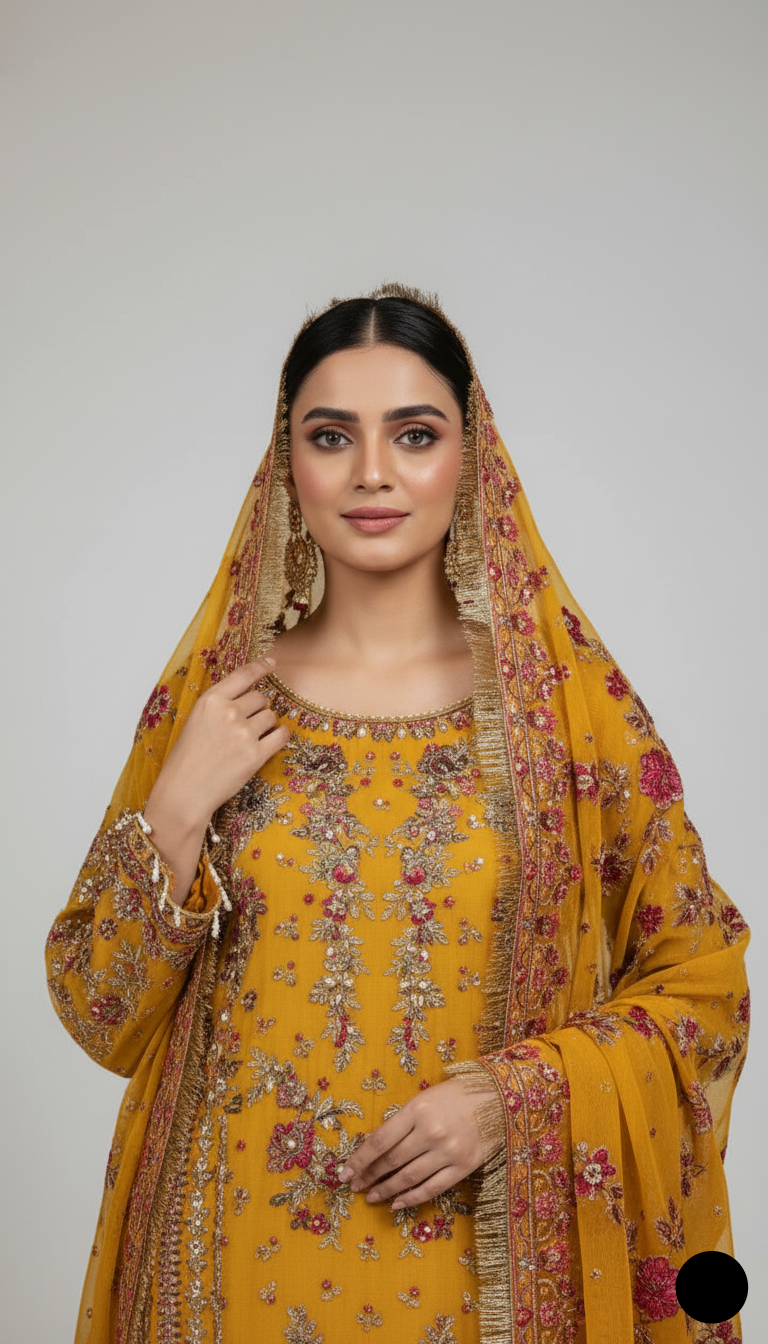 Organza A-Line shirt mustard yellow - Pakistani women's elegant formal wear with viscose trouser and organza dupatta front view
