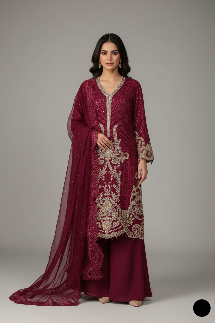 Organza straight shirt maroon - Pakistani women's elegant formal wear with viscose trouser and organza dupatta front view