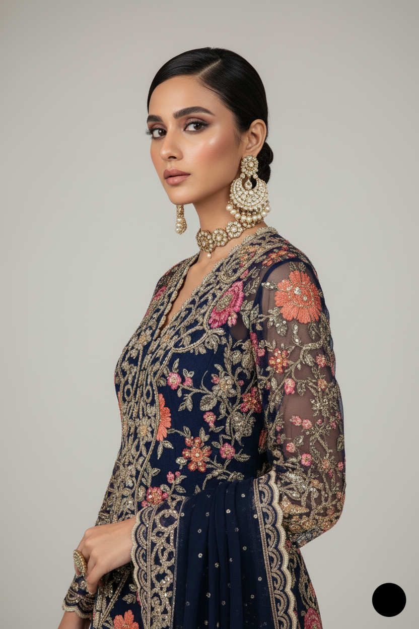ABL 3988 Pakistani women's organza formal lehenga detail view