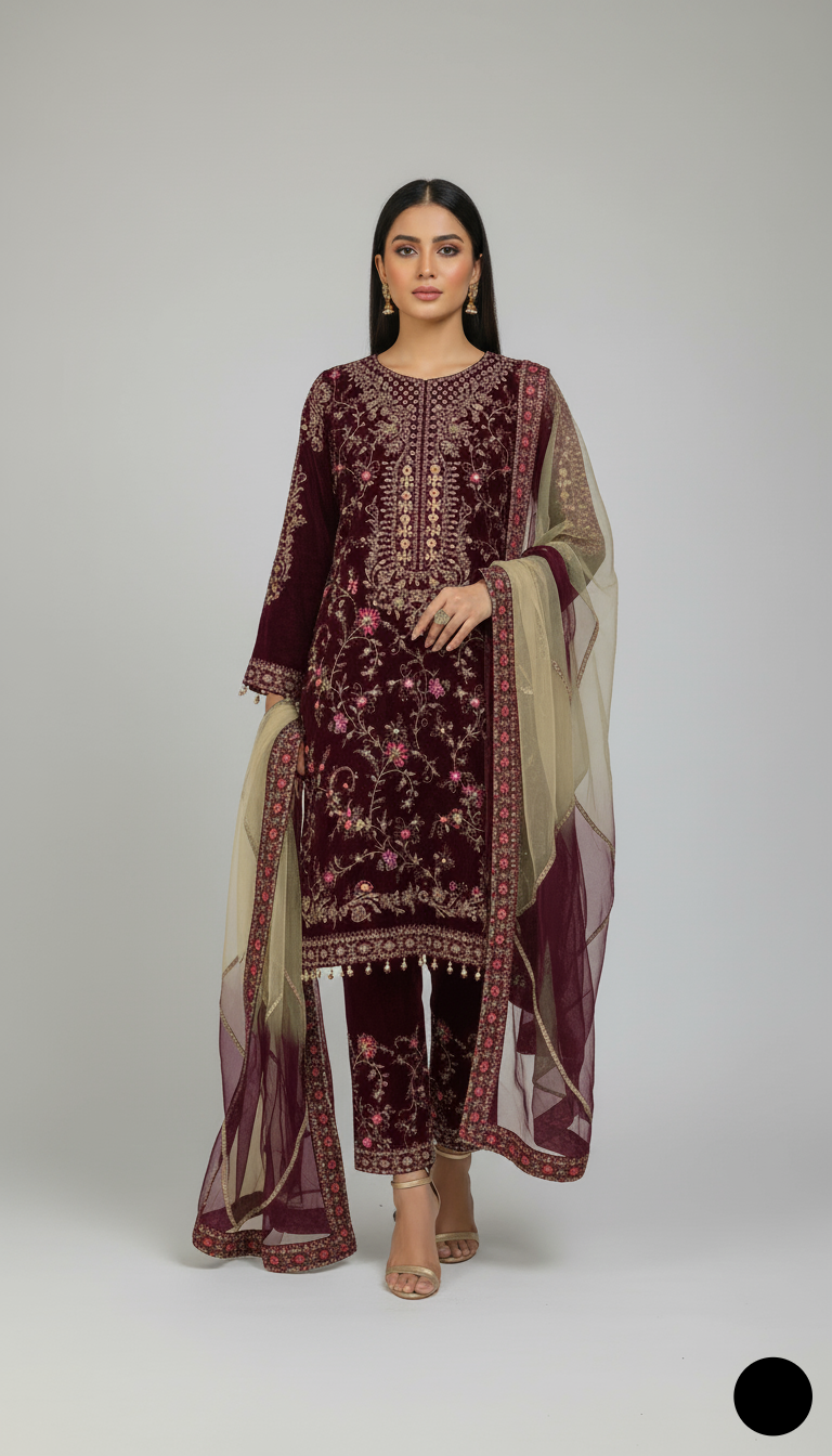 Velvet open shirt maroon - Pakistani women's winter party wear with grip trouser and velvet dupatta front view