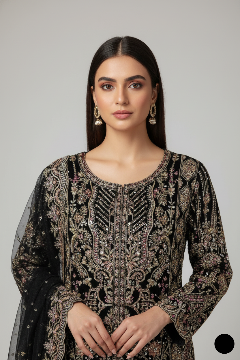 Black organza Pakistani women's straight shirt side view
