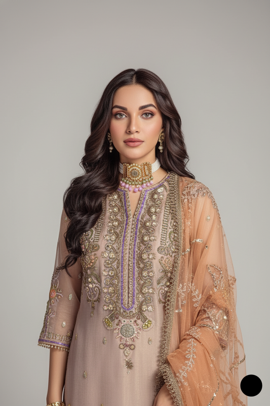 KB P237 sharara pure resham Pakistani women's luxury bridal outfit side view
